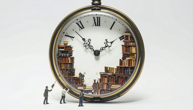 Miniature figures working on clock face revealing library bookshelves concept