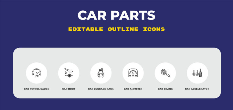 outline car parts icons set - car petrol gauge, car boot, luggage rack. editable vector for web and mobile ui