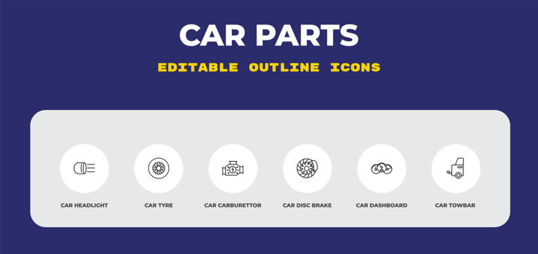 outline car parts icons set - car headlight, car tyre, carburettor. editable vector for web and mobile ui