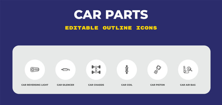 outline car parts icons set - car reversing light, car silencer, chassis. editable vector for web and mobile ui