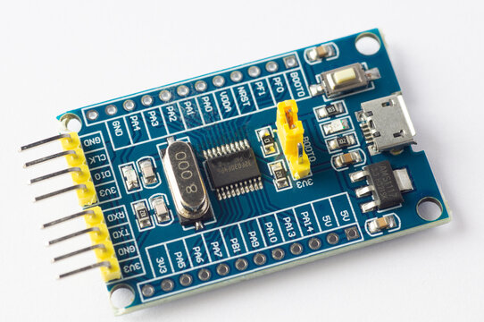 Programming board of STM32 in blue color isolated in white background