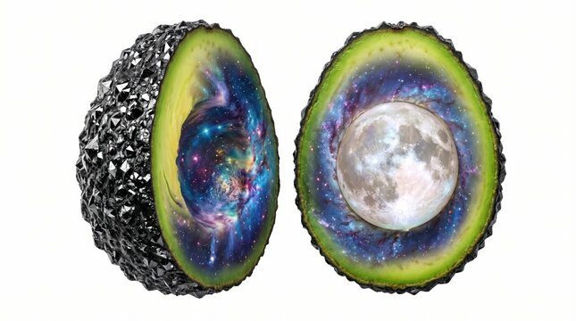 Avocado cut in half with full moon as pit and cosmic galaxy inside. Space for text