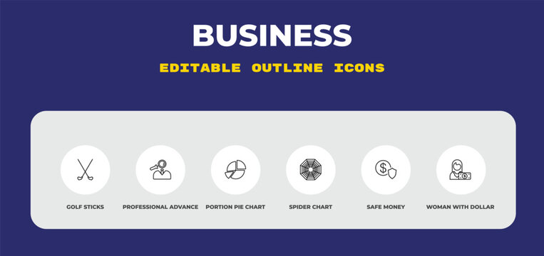 outline business icons set - golf sticks, professional advance, portion pie chart. editable vector for web and mobile ui