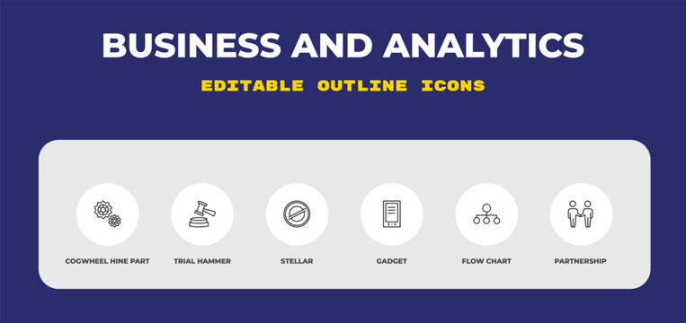 outline business and analytics icons set - cogwheel hine part, trial hammer, stellar. editable vector for web and mobile ui