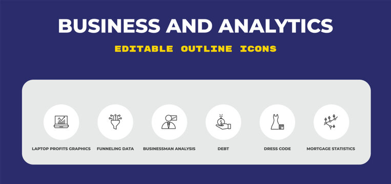 outline business and analytics icons set - laptop profits graphics, funneling data, businessman analysis. editable vector for web and mobile ui