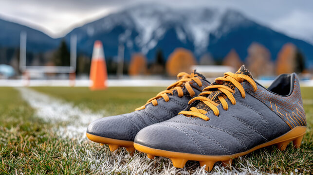 Modern gray soccer cleats with yellow laces on field beside white touchline and mountain backdrop for sports banner and training design