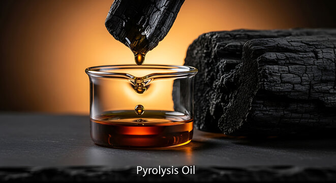 A scientist pours pyrolysis oil from a black rock into a glass beaker on a dark surface in a laboratory setting with a warm glow.