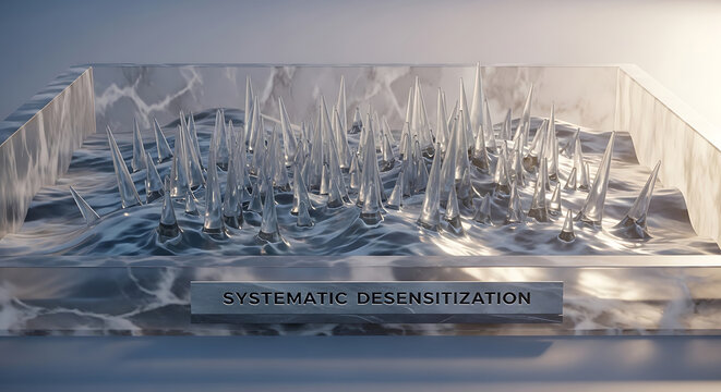 A futuristic illustration depicts a 3D glass sculpture of sharp icicles or spikes with a label reading systematic desensitization on a table indoors.
