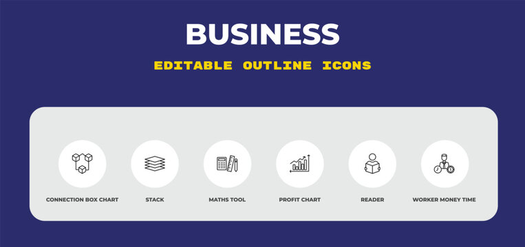 outline business icons set - connection box chart, stack, maths tool. editable vector for web and mobile ui