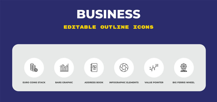 outline business icons set - euro coins stack, bars graphic, address book. editable vector for web and mobile ui