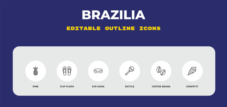 outline brazilia icons set - pine, flip flops, eye mask. editable vector for web and mobile ui