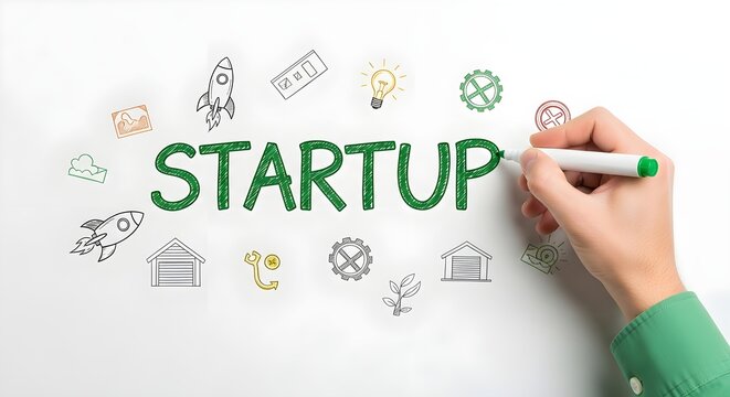Hand drawing the word startup with various small business icons like rockets and gears on a white background symbolizing new ventures and entrepreneurial ideas