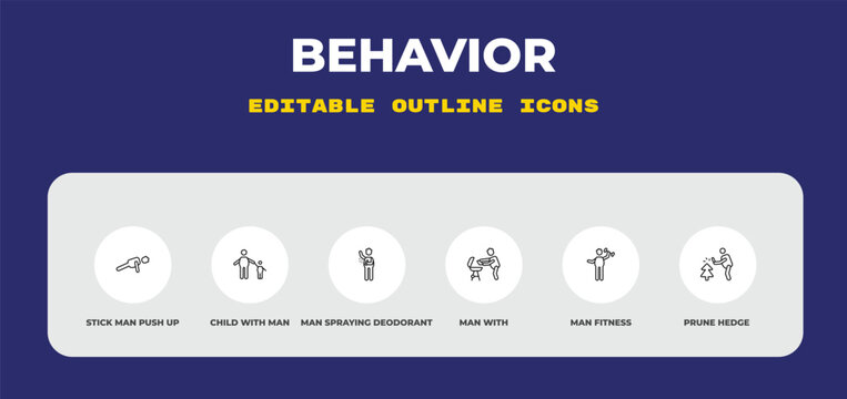 outline behavior icons set - stick man push up, child with man, man spraying deodorant. editable vector for web and mobile ui