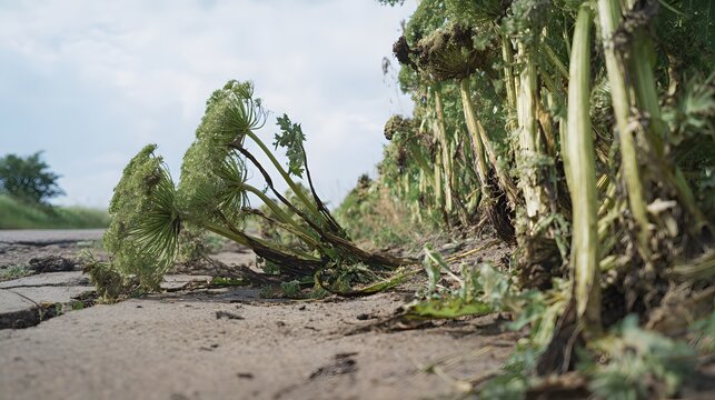 Wilted hogweed devastation along a cracked road reveals nature&rsquo;s struggle against herbicide impact