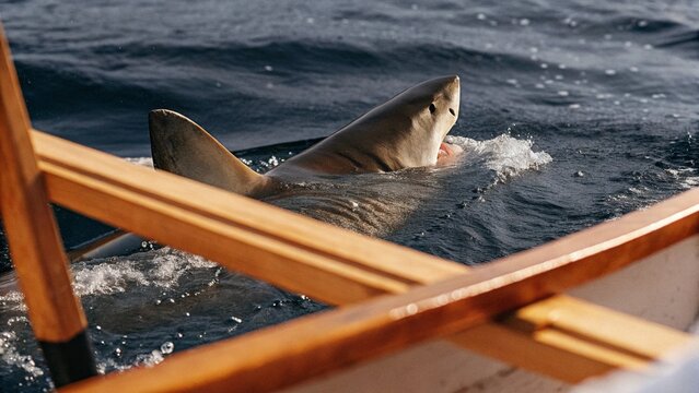 Close up of Great White Shark (Carcharodon carcharias)  swiftly chasing prey in front of a camera off the coast of Great Barrier Reef, Australia.
