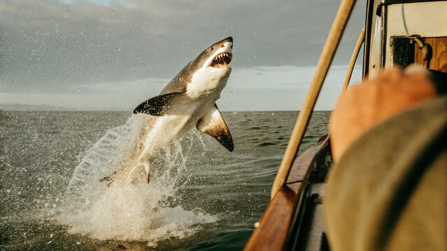 Slow motion of Great White Shark (Carcharodon carcharias) jump out of water for hunting seal in Mossel Bay, South Africa. 
