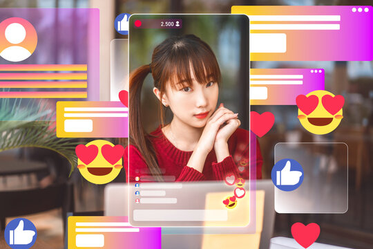 Gen Z Influencer content creator beautiful woman live streaming KOL daily volg on social media online share like comment