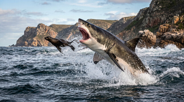 Slow motion of Great White Shark (Carcharodon carcharias) jump out of water for hunting seal in Mossel Bay, South Africa. 
