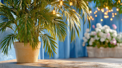 Fototapeta premium Potted palm with warm string lights and blurred floral bokeh in a courtyard for carnival party background and event banner design
