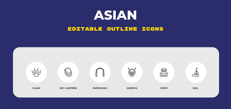 outline asian icons set - claw, sky lantern, nunchaku. editable vector for web and mobile ui
