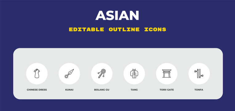 outline asian icons set - chinese dress, kunai, bolang gu. editable vector for web and mobile ui