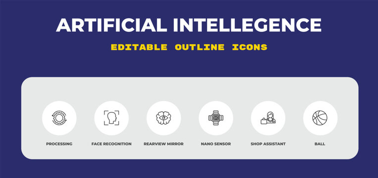 outline artificial intellegence icons set - processing, face recognition, rearview mirror. editable vector for web and mobile ui