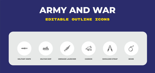 Obraz premium outline army and war icons set - military knife, militar ship, grenade launcher. editable vector for web and mobile ui