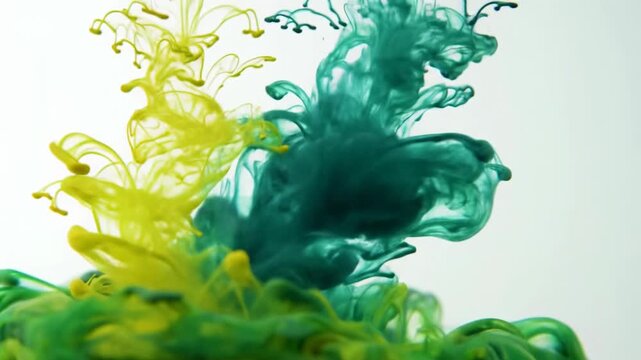 Ultra-slow motion video of vibrant yellow & emerald green inks unfurling in clear water, blending into shimmering cyan & deep teal, forming intricate organic patterns against a pure white background,