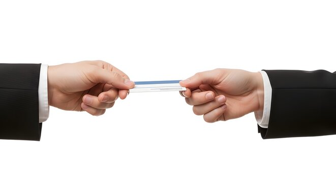 hands giving a business card isolated on white background, formal office attire sleeves visible