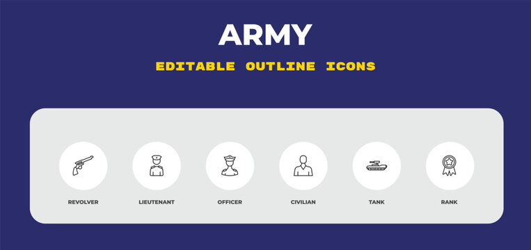 outline army icons set - revolver, lieutenant, officer. editable vector for web and mobile ui