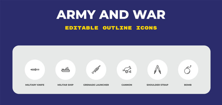 outline army and war icons set - military knife, militar ship, grenade launcher. editable vector for web and mobile ui