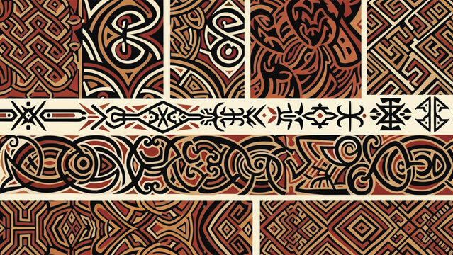 Collection of various traditional tribal ornamental patterns and designs in shades of brown and black.
