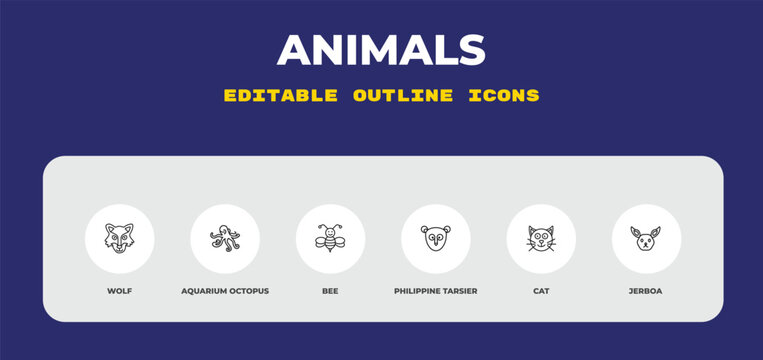 outline animals icons set - wolf, aquarium octopus, bee. editable vector for web and mobile ui