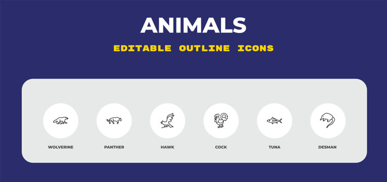 outline animals icons set - wolverine, panther, hawk. editable vector for web and mobile ui