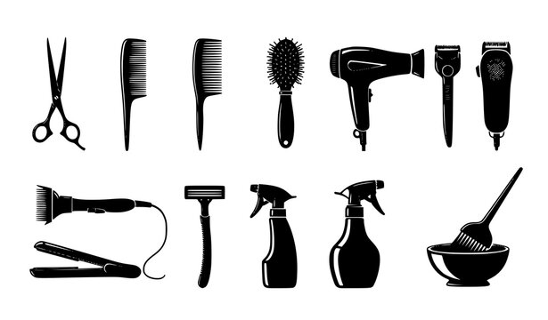 Hairdressing tools silhouette vector set with barber scissors comb clipper and dryer isolated on white background