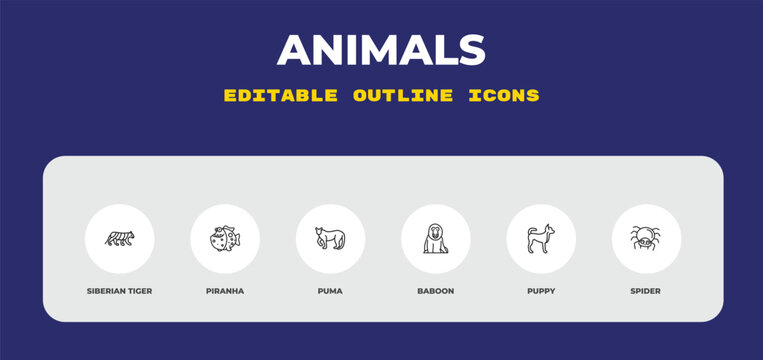 outline animals icons set - siberian tiger, piranha, puma. editable vector for web and mobile ui