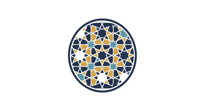 Circular Islamic geometric pattern in blue and gold colors
