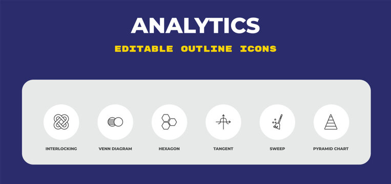 outline analytics icons set - interlocking, venn diagram, hexagon. editable vector for web and mobile ui