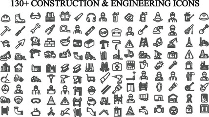Fototapeta premium 130+ Hand-drawn construction & Engineering doodle icon set. Perfect for architectural diagrams.DIY blog illustrations, or creative industrial branding projects.fully editable 130+ high-quality vector.