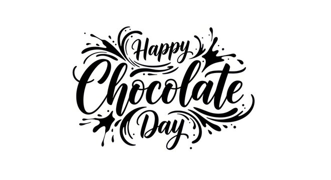Happy chocolate day lettering design with liquid chocolate splash elements isolated on white background