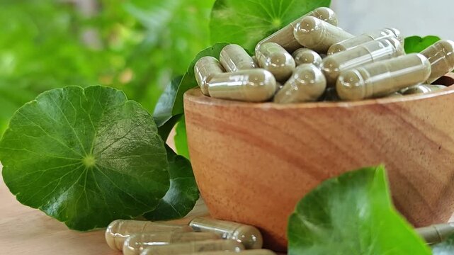 Centella asiatica capsule. Herbal supplements. Zoom in.