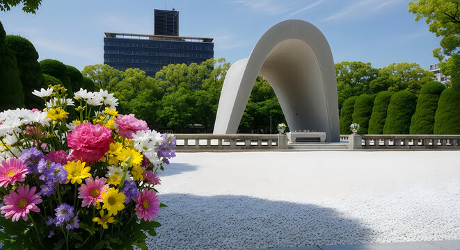 Peace memorial park with flowers and modern architecture in hiroshima japan