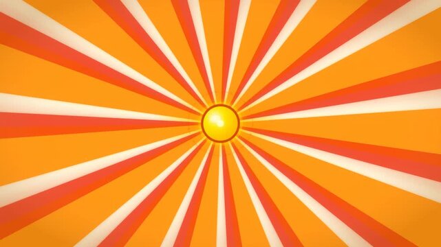 A vibrant, abstract sunburst design with orange and yellow rays radiating from a central sun