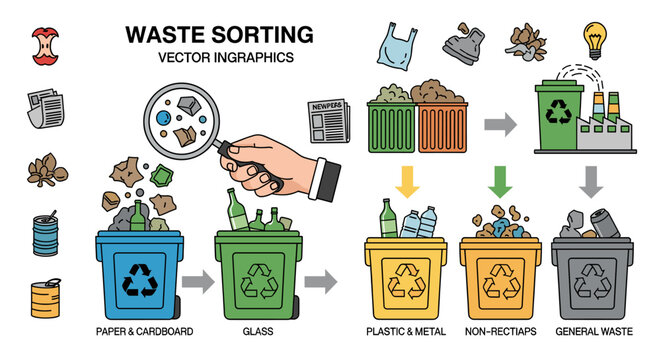 Detailed infographic illustrating the process of waste sorting, recycling, and environmental management with various types of bins and waste items.
