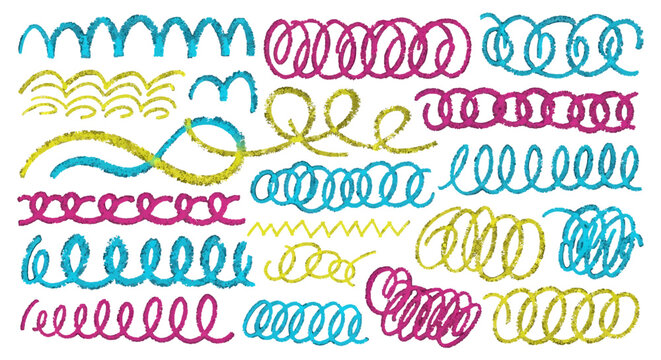 hand-drawn colorful chalk lines squiggles and spirals form playful decorative patterns on white perfect for creative design projects.