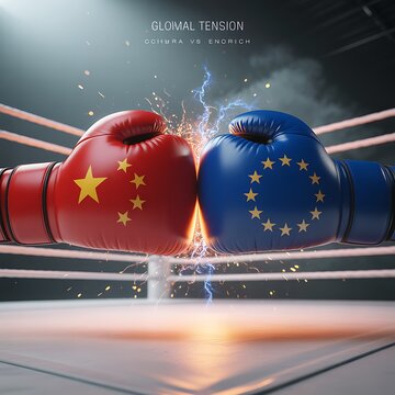 China vs Europe boxing gloves clash with sparks in global trade competition concept