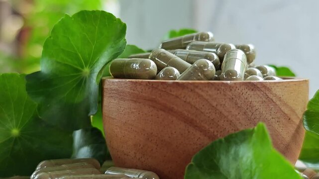 Centella asiatica capsule. Herbal supplements. Zoom in.