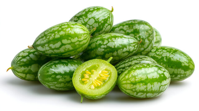 Miniature watermelon cucumber cucamelon green fruit sliced pile vine produce fresh seed interior