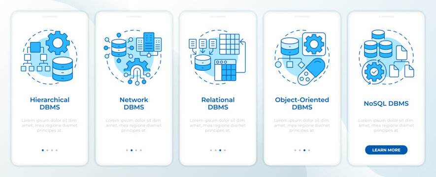 DBMS system varieties blue onboarding mobile app screen. Walkthrough 5 steps editable graphic instructions with linear concepts. UI, UX, GUI. Montserrat SemiBold, Regular fonts used