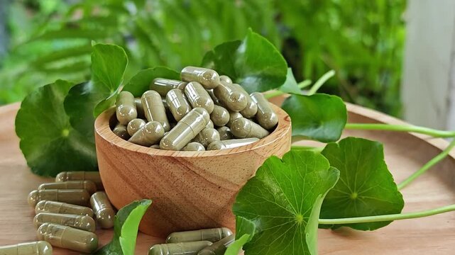 Centella asiatica capsule. Herbal supplements. Zoom in.